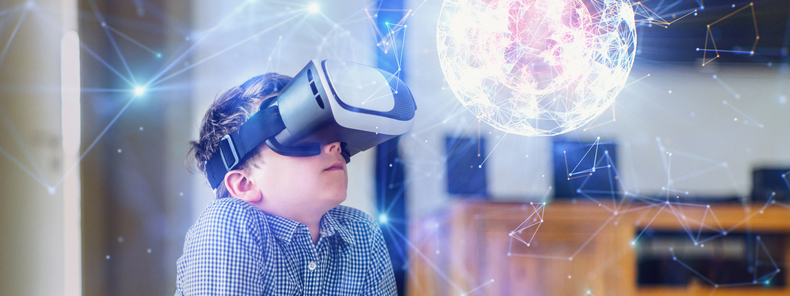 boy with virtual-reality goggles amazed by crystalline structure
