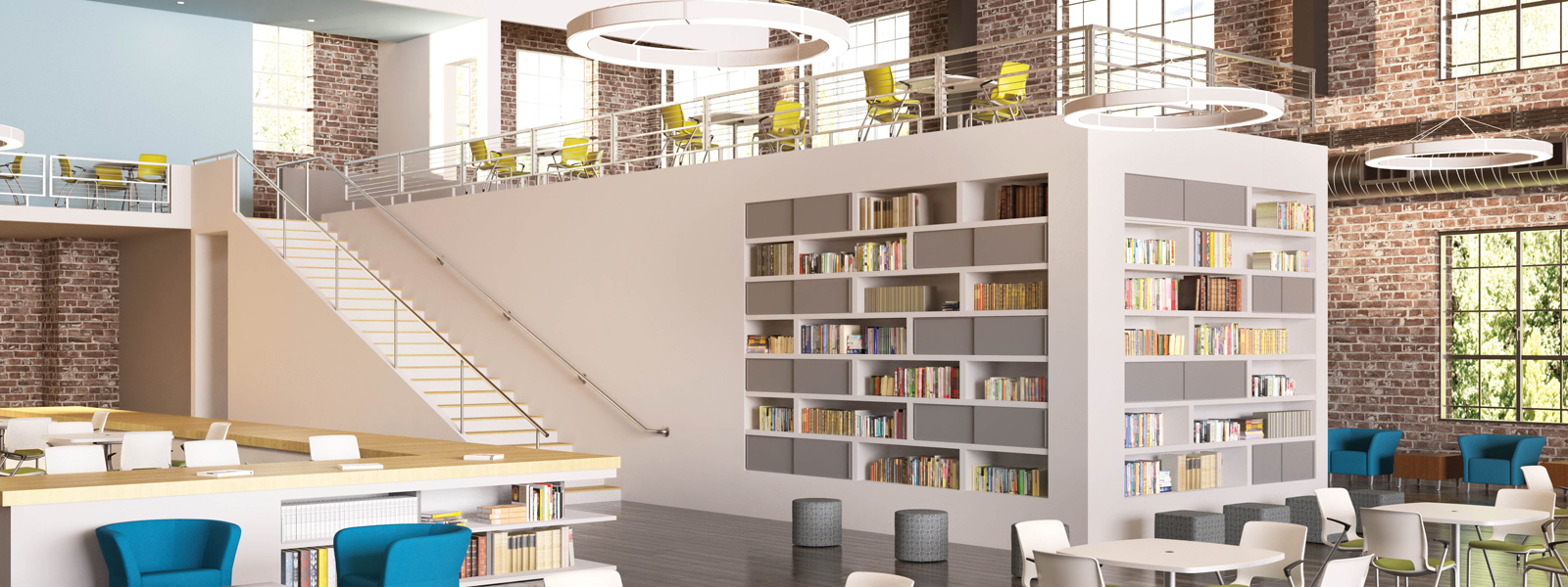 3D rendering of a brightly-lit library with tables and chairs