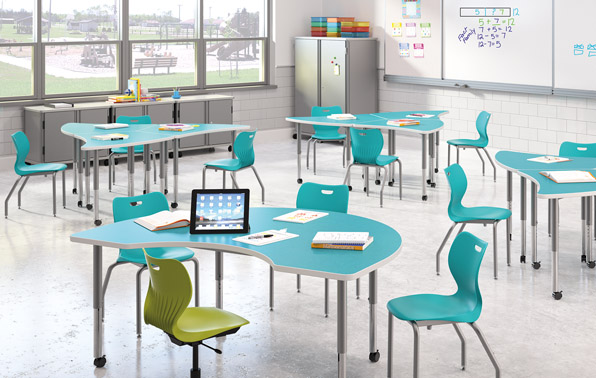 3D render of a well-lit classroom with aqua-colored tables and chairs